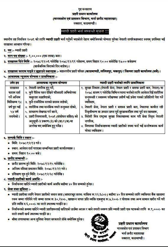 नेपाल प्रहरीले माग्यो १ लाख म्यादी प्रहरी